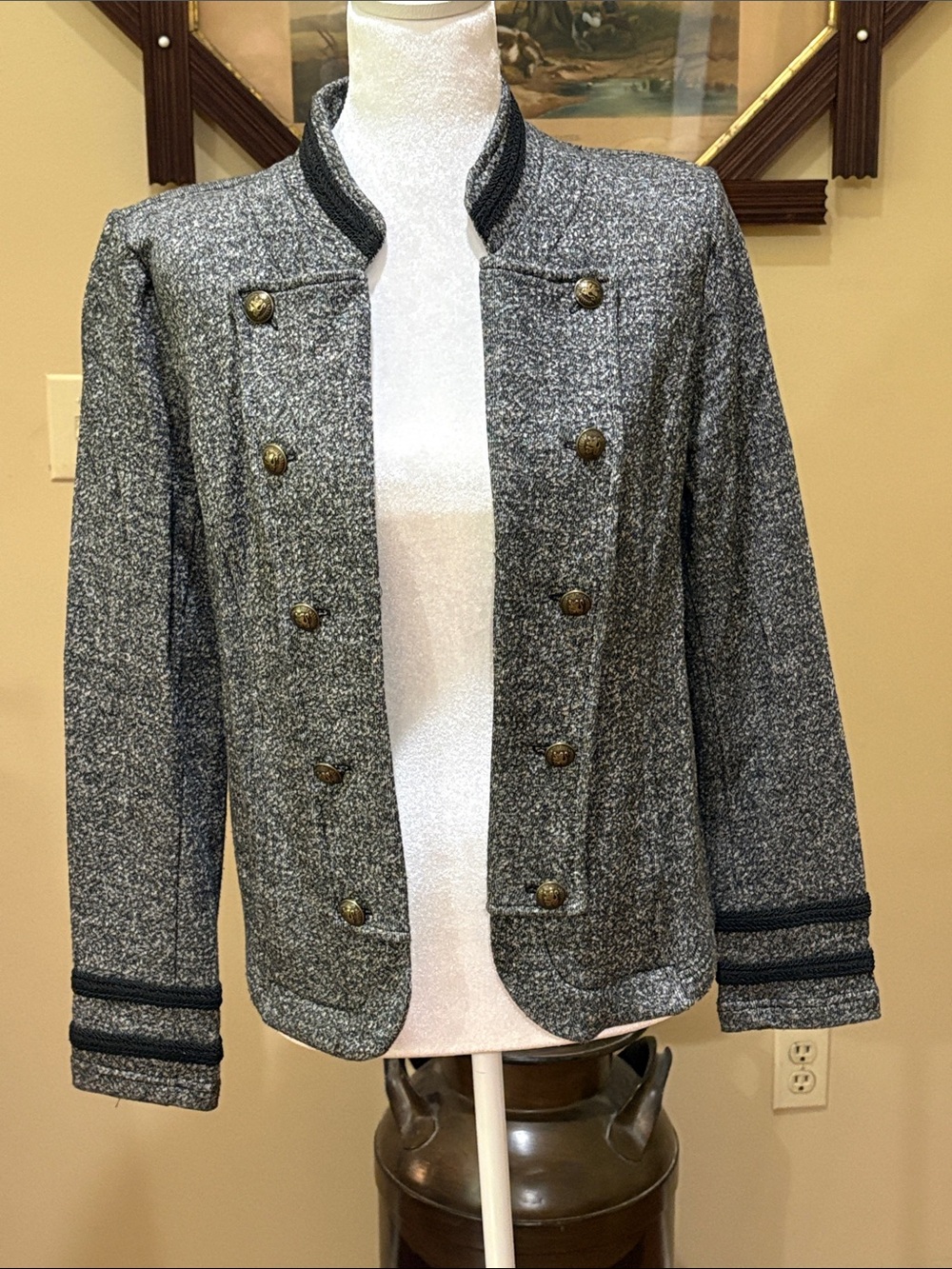 80’s Tommy Hilfiger Gray Military Tweed Jacket Lion crest Buttons shoulder pads